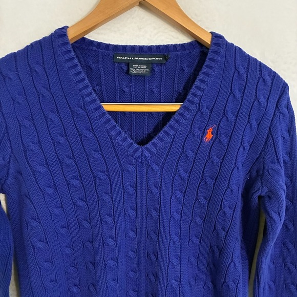Ralph Lauren Sport Cable Knit Sweater Women Size S Logo V Neck Preppy Academia - Picture 2 of 9